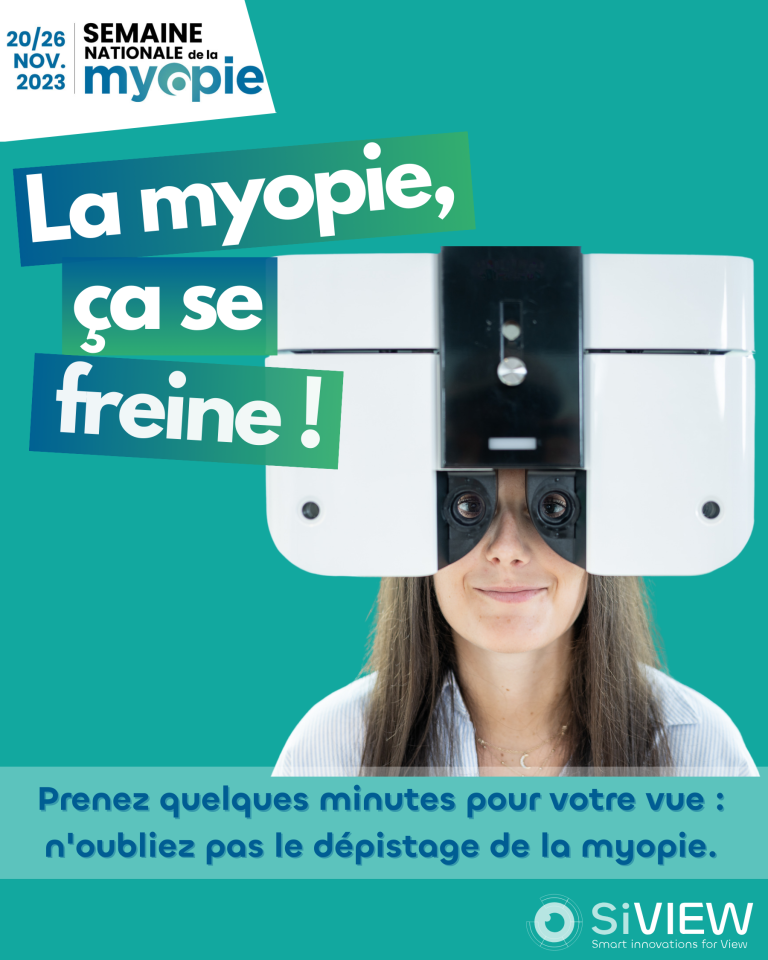 Image montrant une personne devant une tête de réfraction. Le texte sur l'image indique "La myopie ça se freine".